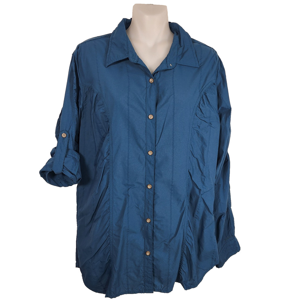 Cabelas Womens Shirt Button Up Fitted Long Roll Tab Sleeve Ruched Teal Outdoor L - Picture 1 of 9